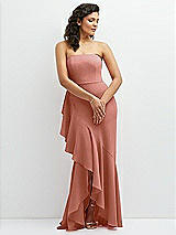 Front View Thumbnail - Desert Rose Strapless Crepe Maxi Dress with Ruffle Edge Bias Wrap Skirt