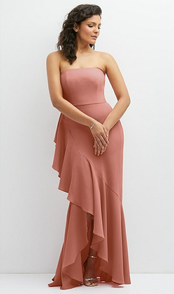 Front View - Desert Rose Strapless Crepe Maxi Dress with Ruffle Edge Bias Wrap Skirt