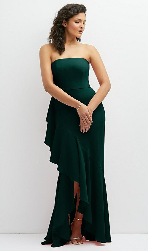 Front View - Evergreen Strapless Crepe Maxi Dress with Ruffle Edge Bias Wrap Skirt