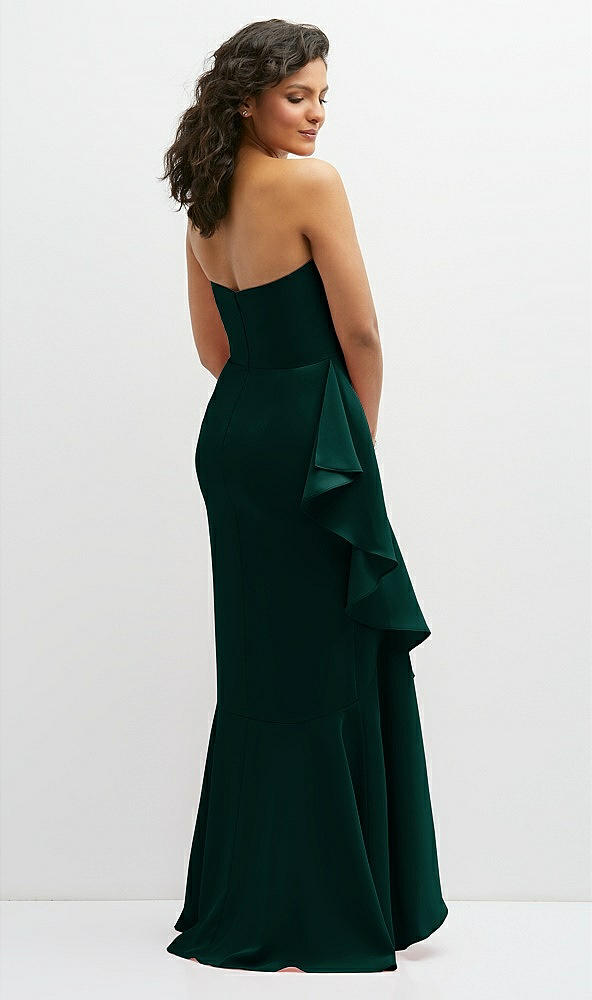 Back View - Evergreen Strapless Crepe Maxi Dress with Ruffle Edge Bias Wrap Skirt