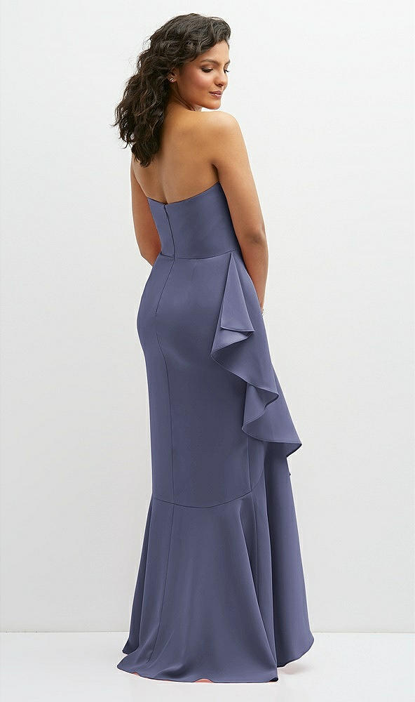 Back View - French Blue Strapless Crepe Maxi Dress with Ruffle Edge Bias Wrap Skirt