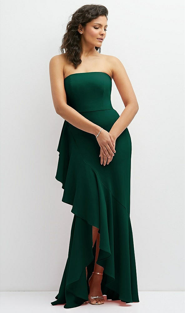 Front View - Hunter Green Strapless Crepe Maxi Dress with Ruffle Edge Bias Wrap Skirt