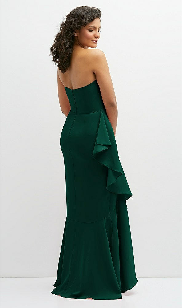 Back View - Hunter Green Strapless Crepe Maxi Dress with Ruffle Edge Bias Wrap Skirt