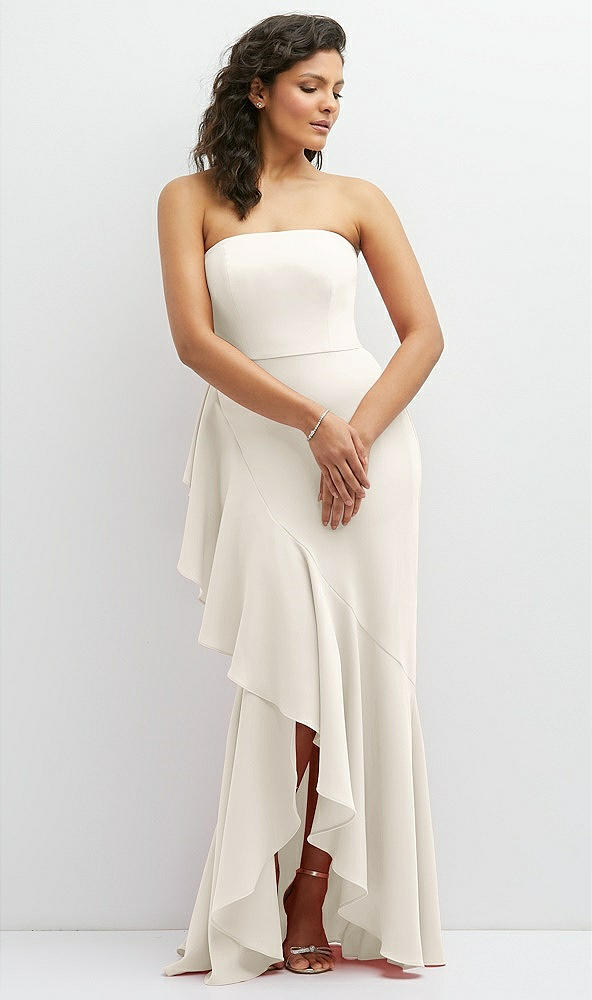 Front View - Ivory Strapless Crepe Maxi Dress with Ruffle Edge Bias Wrap Skirt