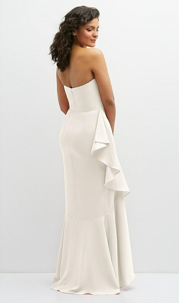 Back View - Ivory Strapless Crepe Maxi Dress with Ruffle Edge Bias Wrap Skirt