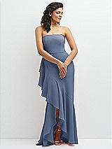 Front View Thumbnail - Larkspur Blue Strapless Crepe Maxi Dress with Ruffle Edge Bias Wrap Skirt