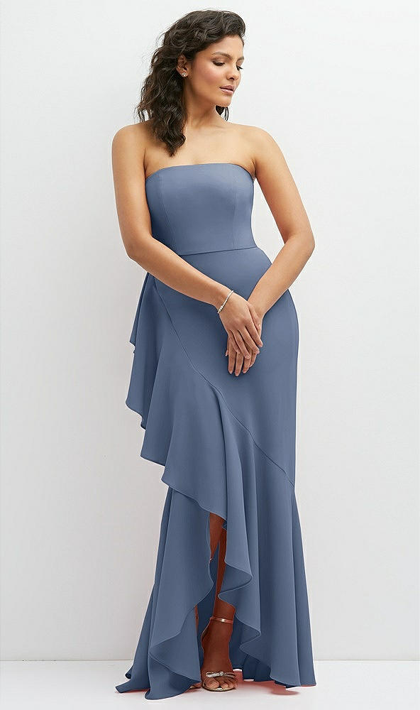 Front View - Larkspur Blue Strapless Crepe Maxi Dress with Ruffle Edge Bias Wrap Skirt