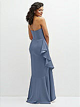 Rear View Thumbnail - Larkspur Blue Strapless Crepe Maxi Dress with Ruffle Edge Bias Wrap Skirt
