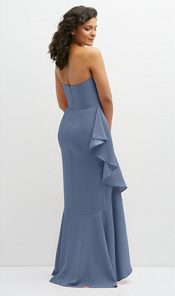 Back View - Larkspur Blue Strapless Crepe Maxi Dress with Ruffle Edge Bias Wrap Skirt