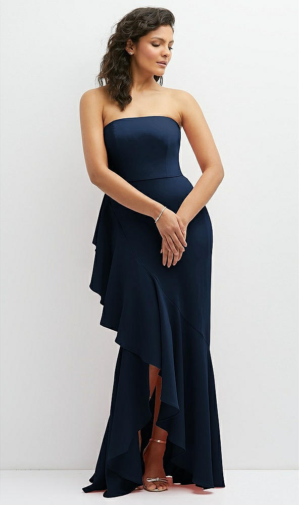 Front View - Midnight Navy Strapless Crepe Maxi Dress with Ruffle Edge Bias Wrap Skirt
