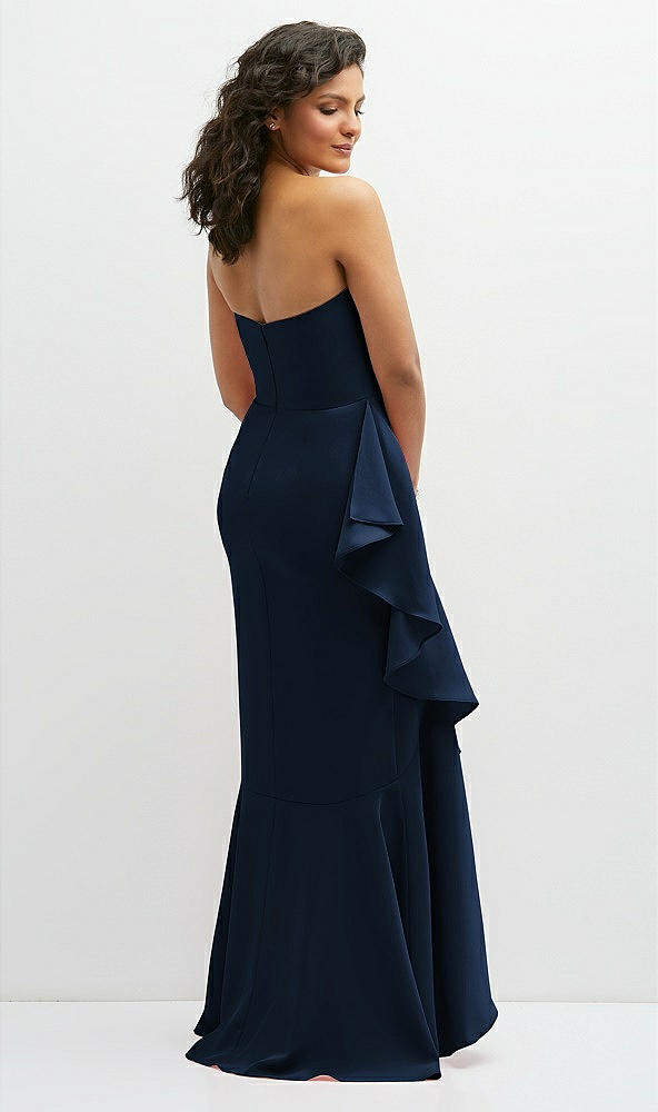 Back View - Midnight Navy Strapless Crepe Maxi Dress with Ruffle Edge Bias Wrap Skirt