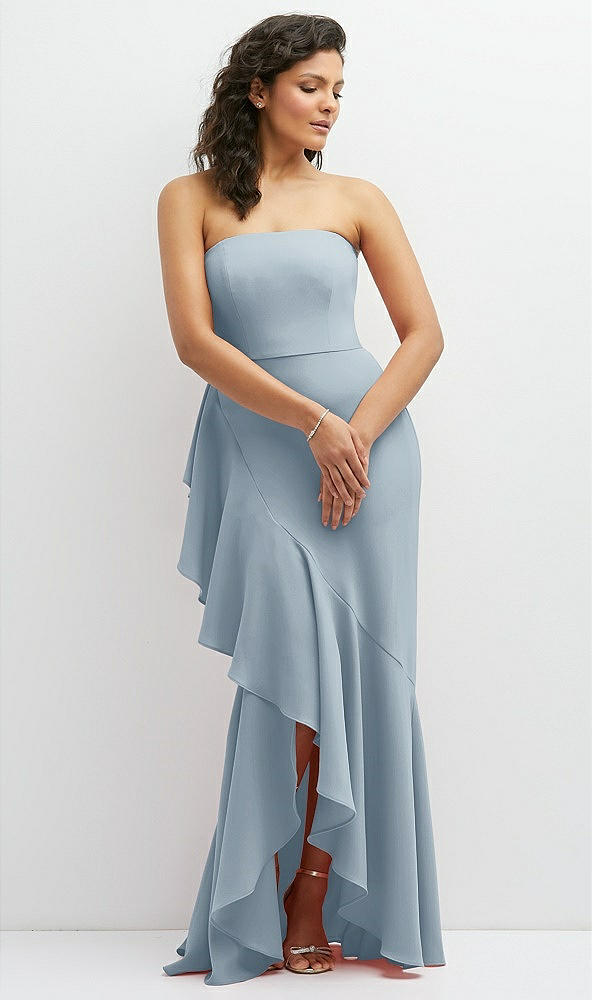 Front View - Mist Strapless Crepe Maxi Dress with Ruffle Edge Bias Wrap Skirt