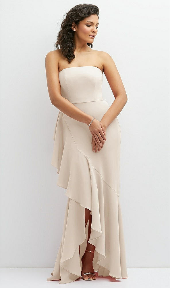 Front View - Oat Strapless Crepe Maxi Dress with Ruffle Edge Bias Wrap Skirt