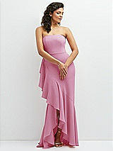 Front View Thumbnail - Powder Pink Strapless Crepe Maxi Dress with Ruffle Edge Bias Wrap Skirt