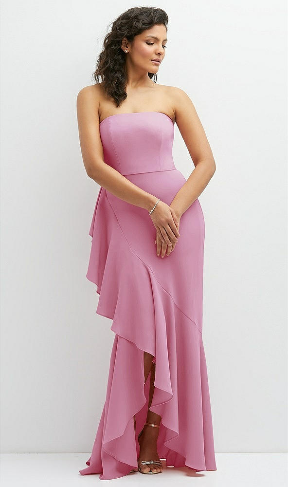 Front View - Powder Pink Strapless Crepe Maxi Dress with Ruffle Edge Bias Wrap Skirt