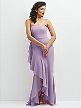 Front View Thumbnail - Pale Purple Strapless Crepe Maxi Dress with Ruffle Edge Bias Wrap Skirt