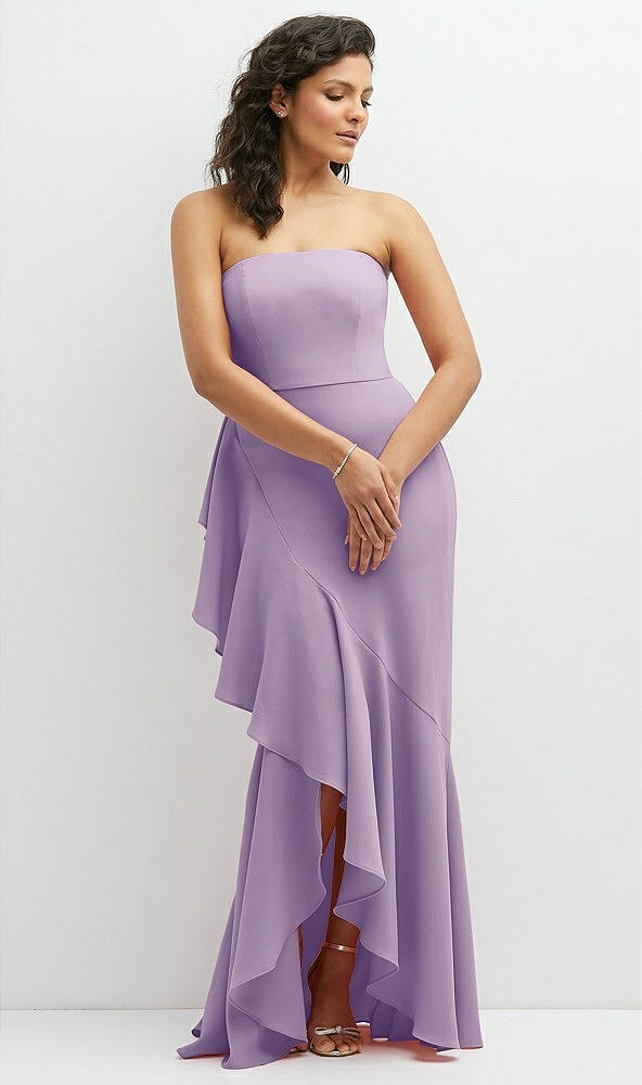 Front View - Pale Purple Strapless Crepe Maxi Dress with Ruffle Edge Bias Wrap Skirt