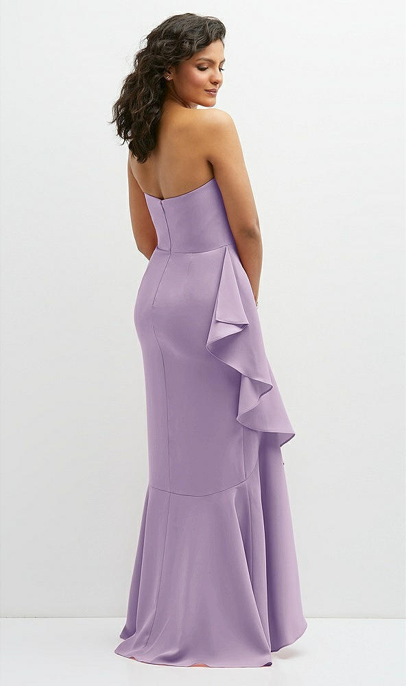 Back View - Pale Purple Strapless Crepe Maxi Dress with Ruffle Edge Bias Wrap Skirt