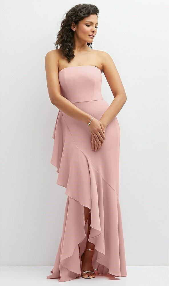 Front View - Rose - PANTONE Rose Quartz Strapless Crepe Maxi Dress with Ruffle Edge Bias Wrap Skirt
