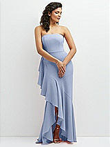 Front View Thumbnail - Sky Blue Strapless Crepe Maxi Dress with Ruffle Edge Bias Wrap Skirt