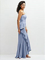 Side View Thumbnail - Sky Blue Strapless Crepe Maxi Dress with Ruffle Edge Bias Wrap Skirt