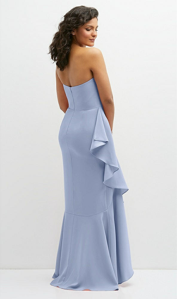 Back View - Sky Blue Strapless Crepe Maxi Dress with Ruffle Edge Bias Wrap Skirt