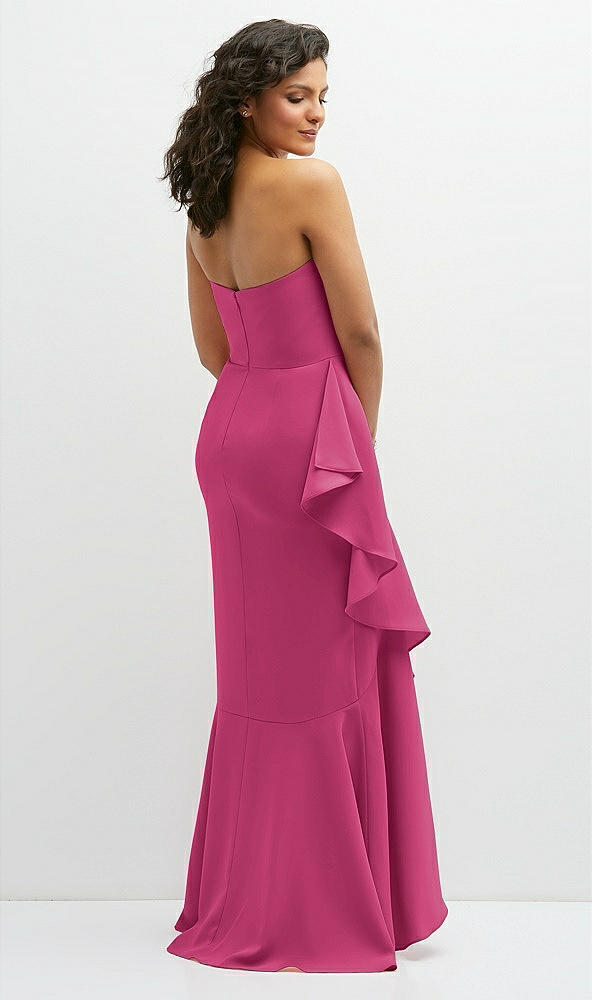 Back View - Tea Rose Strapless Crepe Maxi Dress with Ruffle Edge Bias Wrap Skirt