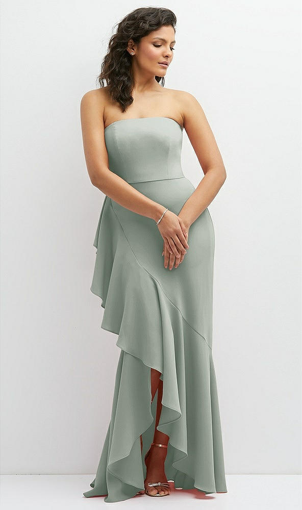 Front View - Willow Green Strapless Crepe Maxi Dress with Ruffle Edge Bias Wrap Skirt