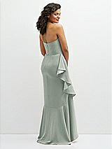 Rear View Thumbnail - Willow Green Strapless Crepe Maxi Dress with Ruffle Edge Bias Wrap Skirt