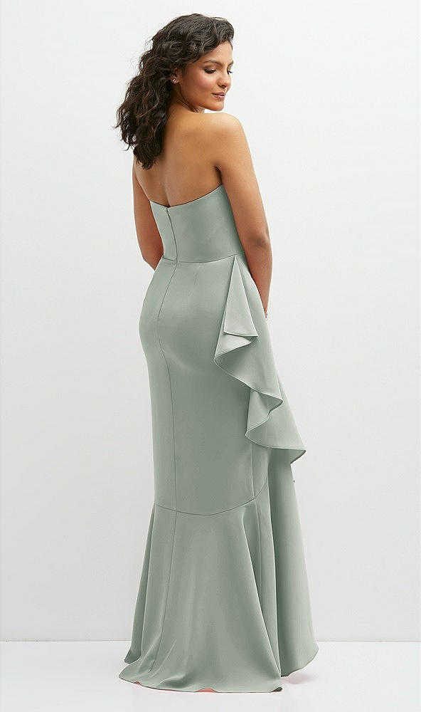 Back View - Willow Green Strapless Crepe Maxi Dress with Ruffle Edge Bias Wrap Skirt