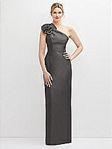 Front View Thumbnail - Caviar Gray Oversized Flower One-Shoulder Satin Column Dress