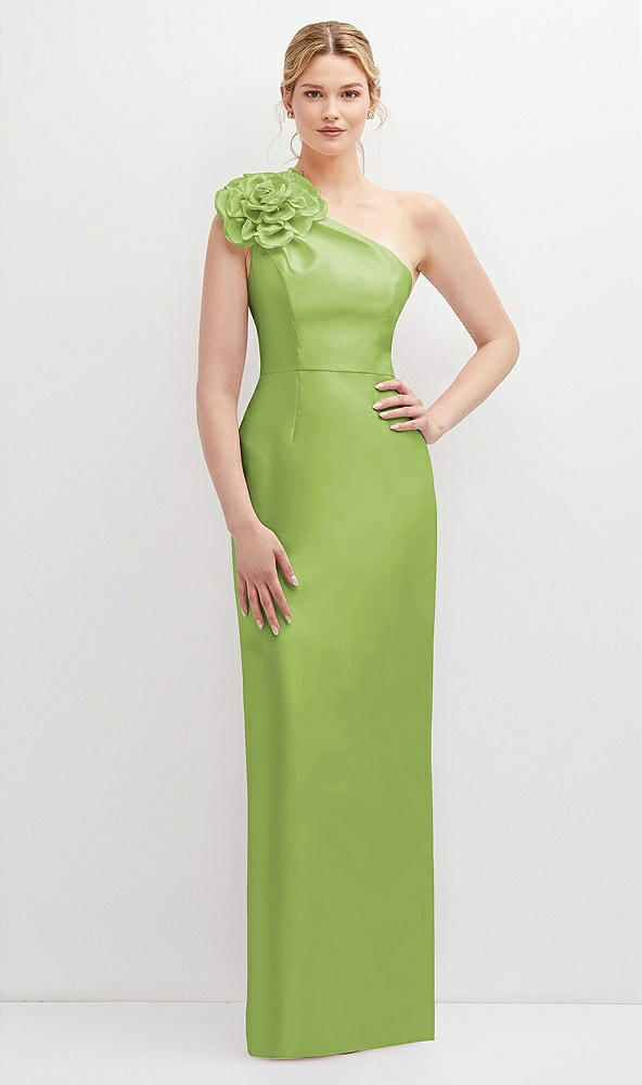 Front View - Mojito Oversized Flower One-Shoulder Satin Column Dress