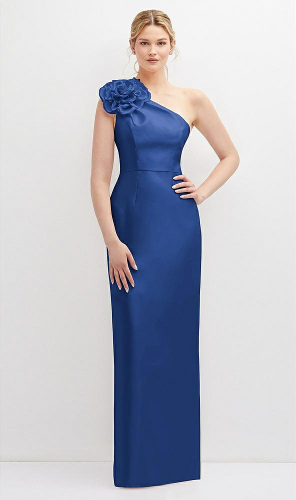 Front View - Classic Blue Oversized Flower One-Shoulder Satin Column Dress