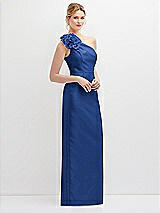 Side View Thumbnail - Classic Blue Oversized Flower One-Shoulder Satin Column Dress