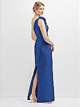 Rear View Thumbnail - Classic Blue Oversized Flower One-Shoulder Satin Column Dress