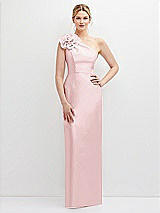 Front View Thumbnail - Ballet Pink Oversized Flower One-Shoulder Satin Column Dress