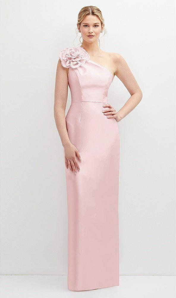 Front View - Ballet Pink Oversized Flower One-Shoulder Satin Column Dress