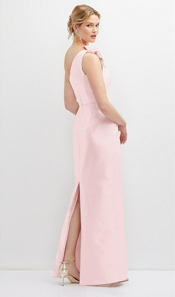 Back View - Ballet Pink Oversized Flower One-Shoulder Satin Column Dress