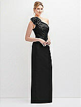 Side View Thumbnail - Black Oversized Flower One-Shoulder Satin Column Dress