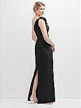 Rear View Thumbnail - Black Oversized Flower One-Shoulder Satin Column Dress