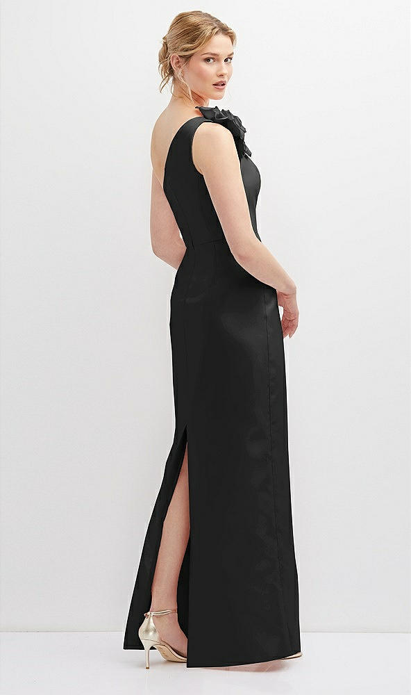 Back View - Black Oversized Flower One-Shoulder Satin Column Dress