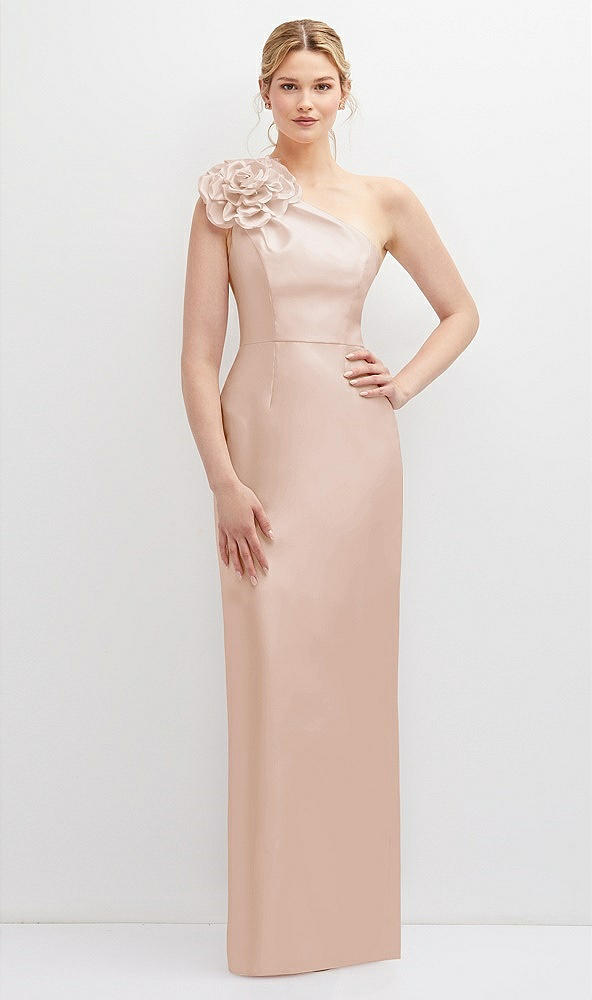 Front View - Cameo Oversized Flower One-Shoulder Satin Column Dress