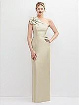 Front View Thumbnail - Champagne Oversized Flower One-Shoulder Satin Column Dress