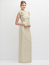 Side View Thumbnail - Champagne Oversized Flower One-Shoulder Satin Column Dress