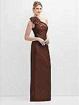 Side View Thumbnail - Cognac Oversized Flower One-Shoulder Satin Column Dress