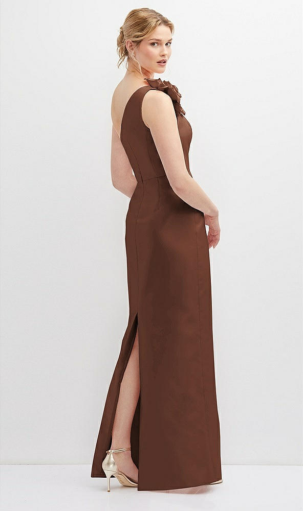 Back View - Cognac Oversized Flower One-Shoulder Satin Column Dress