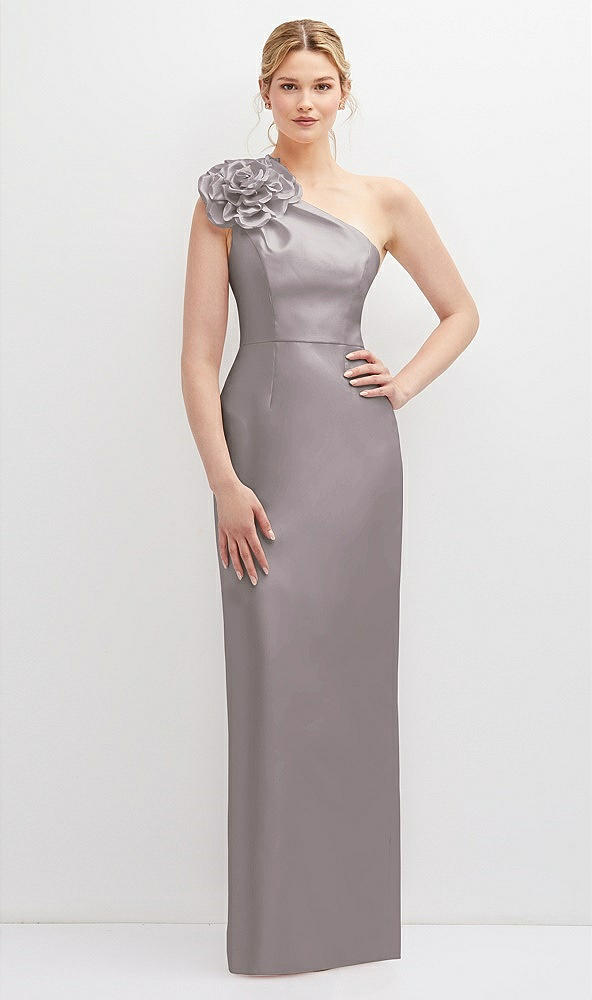 Front View - Cashmere Gray Oversized Flower One-Shoulder Satin Column Dress