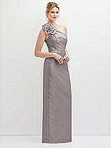 Side View Thumbnail - Cashmere Gray Oversized Flower One-Shoulder Satin Column Dress