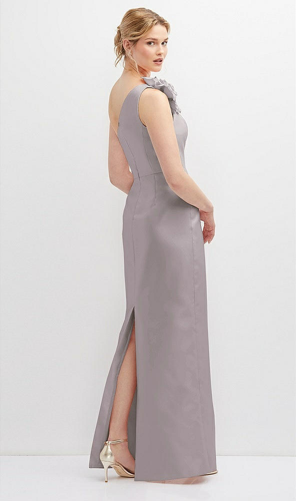 Back View - Cashmere Gray Oversized Flower One-Shoulder Satin Column Dress