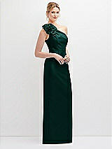 Side View Thumbnail - Evergreen Oversized Flower One-Shoulder Satin Column Dress